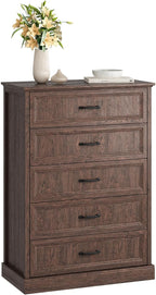 CARPETNAL Farmhouse 5 Drawers Dresser for Bedroom, 44" Tall Brown Dresser Wood Rustic Chest of Drawers with Wide Metal Handle,Natural Texture,Drawer Organizer for Bedroom,Living Room,Hallway
