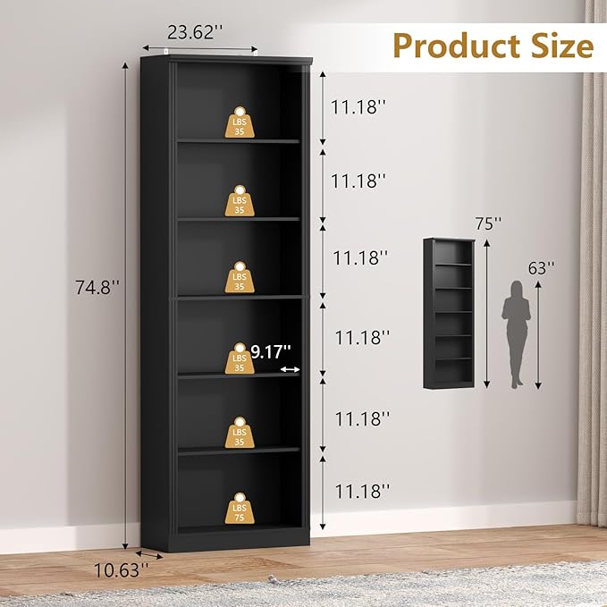 75" Tall Bookshelf & Bookcase, 6-Tier Adjustable Storage Shelves, Book Shelf with Anti-Tipping Device, Floor Standing Modern Display Rack for Living Room, Bedroom, Office, Black