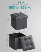 SONGMICS Mazie Collection - 15 Inches Ottoman with Storage, Footstool, Storage Ottoman with Metal Grommet Handles, Load 660 lb, for Dorm, Living Room, Bedroom, Synthetic Leather, Dark Gray ULSF030G01
