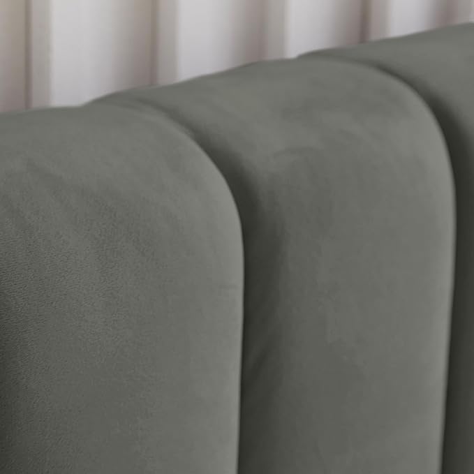 Livinia Full Size Elton Velvet Platform Bed, Upholstered Bed Frame with Vertical Channel Tufted Headboard Footboard, Strong Wood Slats, No Box Spring Needed, Gray (Full)