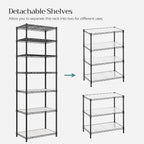 SONGMICS 7-Tier Storage Unit, Wire Shelving, Kitchen Metal Rack With Adjustable Shelves, Shelf Liners, 8 Hooks, for Garage, 13.4 x 23.2 x 70.9 Inches, Black ULGR067B01