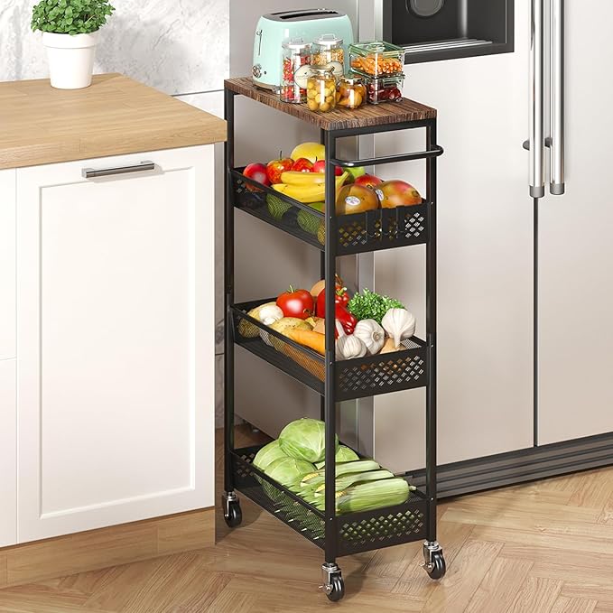 Slim Storage Cart 4 Tier Fruit and Vegetable Baskets for Kitchen Small Space, Narrow Laundry Cart on Wheels with Wooden Top and Metal Handle for Pantry, Bathroom, Laundry Room