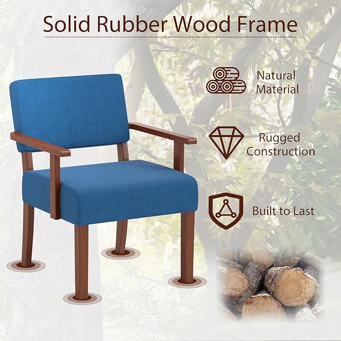 KOMFOTT Upholstered Accent Chair, Mid-Century Modern Armchair with Rubber Wood Frame, Linen Fabric Living Room Chair with Padded Seat & Backrest, Comfy Reading Chair for Bedroom, Waiting Room, Blue