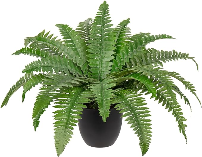 Hollyone 17.7" Fake Fern Potted Plant Small Artificial Boston Ferns in Pot 25 Leaves for Outdoors & Indoor Faux Fern Bush Plant for Patio Garden Farmhouse Windowsill Office Living Room Home Decor