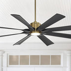 Possini Euro Design 60" Defender Modern Outdoor Ceiling Fan with LED Light Remote Control Soft Brass Matte Black Damp Rated for Patio Exterior House Home Porch Gazebo Garage Barn