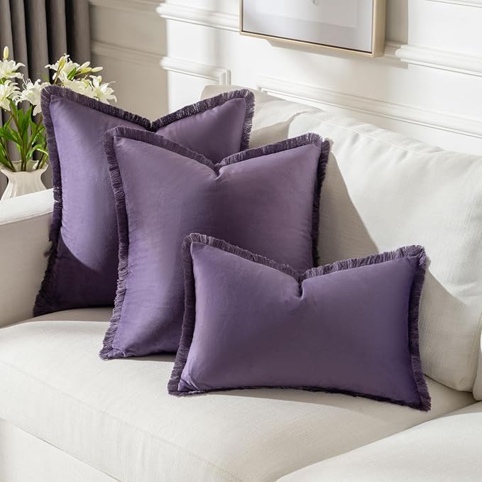 FUTEI Eggplant Purple Velvet Decorative Throw Pillow Covers 16x16 Set of 2,Soft Cozy Edge with Tassels Cushion Case,Boho Modern Home Decor for Couch Bed Living Room