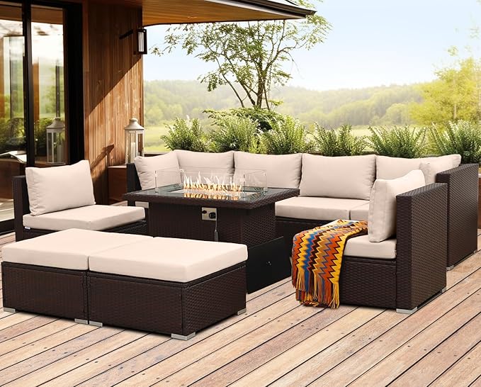 NICESOUL 29.3'' High Back Outdoor Patio Sectional Furniture with Firepit Table Natural Gas & Propane Convertible, 8 Seater Deep Wide Modern Couch, Extra Large Wicker Conversations for Backyard, Brown