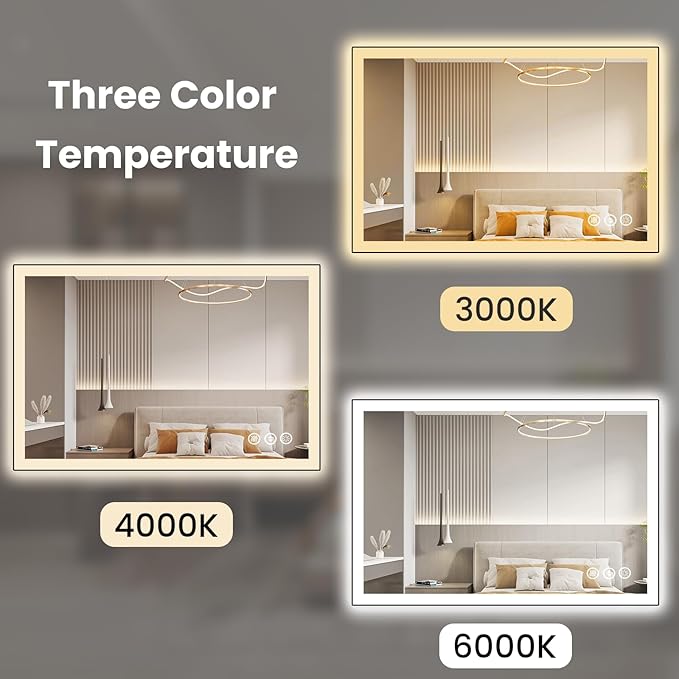 WTTY 40"X32" LED Bathroom Mirror with Black Frame, Bathroom Vanity Mirror with Lights for Wall, Front Light and Backlit, Anti-Fog, Dimmable, 3 Colors, Shatterproof, Memory, Horizontal/Vertical
