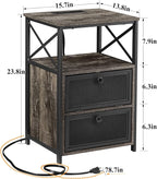 VECELO Oak Gray End Table with USB Ports and Outlets,24 Inch Nightstands with Charging Station and Storage Shelf for Bedroom,Living Room, 1 Set