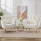 Fabric Accent Living Room Arm Chair Set of 2 Mid Century Modern Chairs with Pillow & Golden Legs, 8.5" Thick Cushion, Upholstered Comfy Sofa Armchair for Reading Room/Bedroom, White