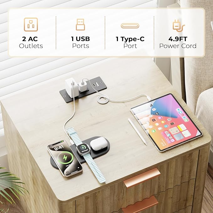 Fluted Nightstand Set of 2, Multifunctional 3 Drawers Storage Bedside Table with Charging Station, Wood Modern Nightstand, Curved Profile Design, End Table for Indoor Room Bedroom, Oak