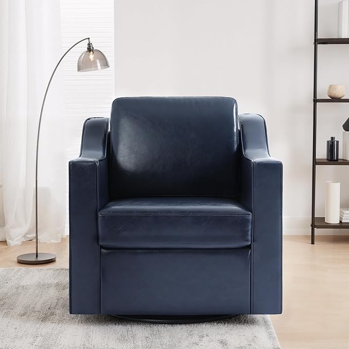 UIXE Faux Leather Swivel Accent Chair Set of 2, Upholstered Arm Chair for Living Room, Modern Club Armchair Comfy Single Sofa Bedroom Reading Seat with Lumbar Pillow - Navy Blue