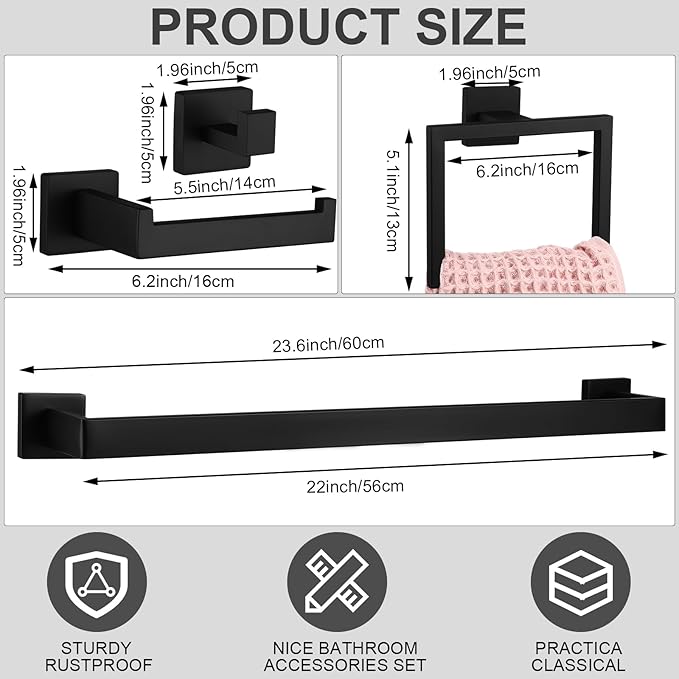 Gisafai 25 Pcs Bathroom Hardware Accessories Set 23.6 Inch Bath Towel Bar Kit Stainless Steel Bathroom Hardware Set Towel Racks Ring Hooks Paper Holder for Wall Mounted (Black)