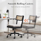 Home Office Desk Chair with Wheels, Ergonomic Computer Task Chair with Rattan Back, Adjustable Height Armless Swivel Chair with Removable Cushion for Small Space, Black