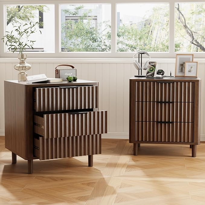 Fluted Nightstand Set of 2, Multifunctional 3 Drawers Storage Bedside Table with Charging Station, Wood Modern Nightstand, Curved Profile Design, End Table for Indoor Room Bedroom, Walnut
