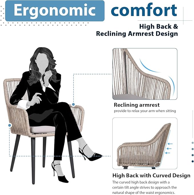 JOIVI Patio Chairs Set of 2, 2 Pieces Rattan Rope Material Outdoor Dining Chairs with Armrest and Seat Cushions for Outside Porch or Indoor Kitchen, Restaurant, Tan