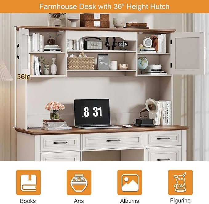 Vabches 67" H Farmhouse Executive Desk with Hutch. Wood Workstation with 5 Drawers, Storage Cabinet, File Drawers and Charging Station, Ideal as Office Desk, Computer Desk for Home Office and Study
