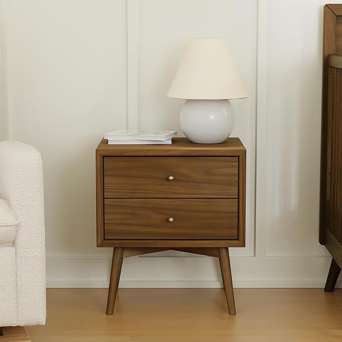 Babyletto Palma 2-Drawer Assembled Nightstand in Natural Walnut, GREENGUARD Gold Certified, Mid-Century Modern Design