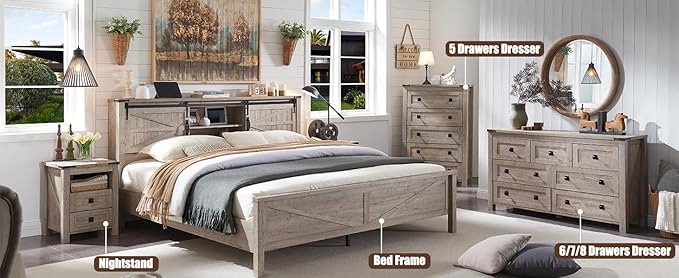 T4TREAM Farmhouse 7 Drawers Tv Stand, Wood Rustic, Storage Dressers Organizer for Bedroom, Living Room,Hallway, Light Rustic Oak