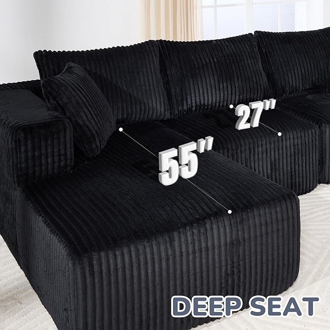 102" Modern Modular Sectional Sofa,Cloud Sectional Couch with Chaise,Deep Seat Boneless Sofa,Comfy Upholstered L-Shape Couch for Living Room,No Assembly Required,Black