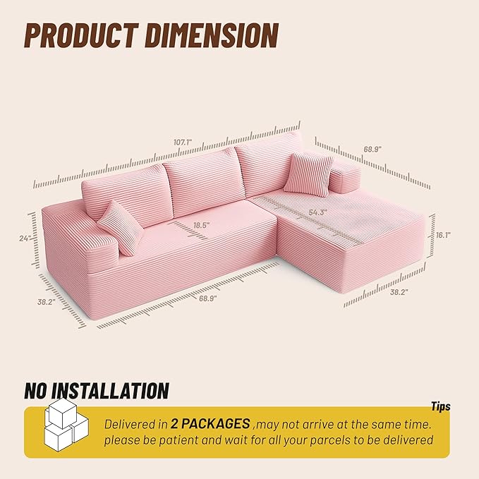 107" Boneless Couch with Deep Seat, Modular Sectional Sofa, Cloud Sectional Couch for Living Room, No Assembly Required, Corduroy, L-Shape Right，Pink
