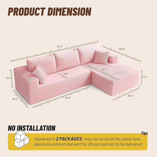 107" Boneless Couch with Deep Seat, Modular Sectional Sofa, Cloud Sectional Couch for Living Room, No Assembly Required, Corduroy, L-Shape Right，Pink