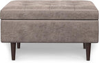 SIMPLIHOME Shay 34 inch Wide Mid Century Modern Small Rectangle Coffee Table Storage Ottoman in Distressed Grey Taupe Vegan Faux Leather, Assembled, for The Living Room and Entryway
