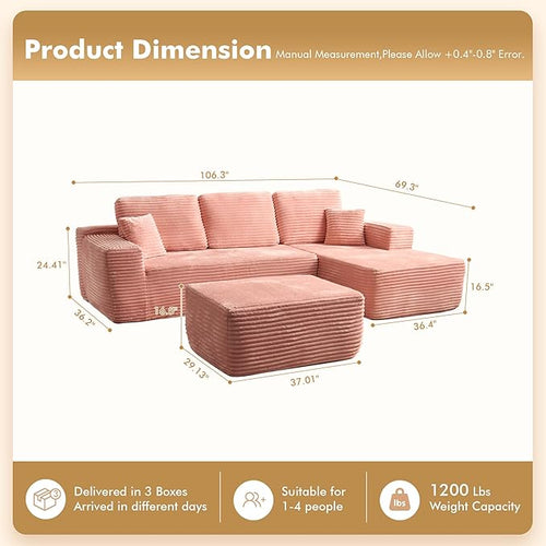 106" Cloud Sectional Couch with L-Shape Chaise & Ottoman, No Assembly Modular Sofa, Deep Seat Plush Corduroy Boneless Couched for Living Room (Pink Plush Corduroy, Right Facing Chaise with Ottoman)