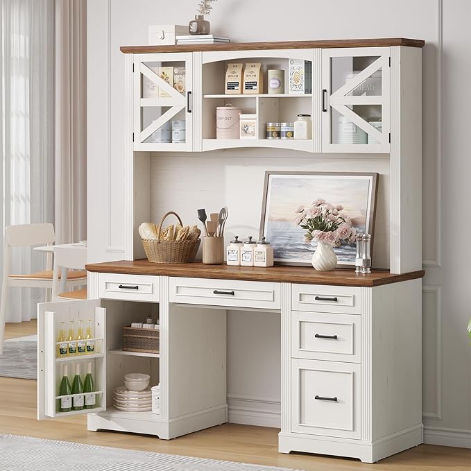 ONBRILL 72" H Farmhouse Executive Desk with Hutch, Office Desk, Computer Desks with Charging Station, Computer Workstations with 5 Drawers and Storage Cabinet for Home, Office, Off White & Walnut