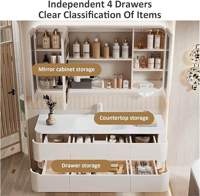 32IN Bathroom Vanity - Bathroom Vanity with Sink with Intelligent Induction Light | Wall-Mounted Bathroom Vanity with Intelligent LED Mirror Cabinet & 6 Drawers, Cream Color