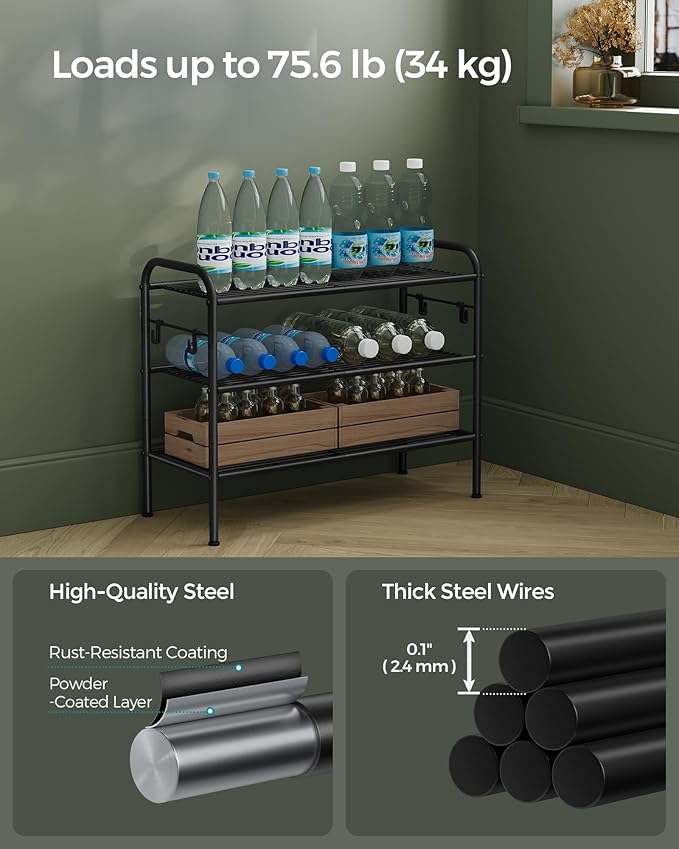 SONGMICS Shoe Rack, 3-Tier Shoe Organizer, Metal Shoe Shelf Storage with 4 Side Hooks, Holds 12 Pairs of Shoes, Height-Adjustable Shoe Rack for Entryway, Hallway, Closet, Easy Assembly, Ink Black