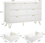 Dresser for Bedroom, Modern Fluted 47.2" Wide Chest of Drawers with Gold Pulls and 7 Drawers, 15.7" D x 47.2" W x 31.4" H, White