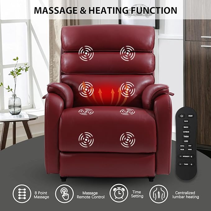 EONIX Wide Lay Flat Power Lift Recliner Chair for Elderly, Heavy Duty Oversized Breathable Faux Leather Lift Chairs Recliner Sofa with Heat and Massage and Charging Ports, Burgundy
