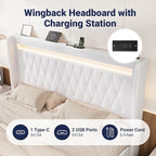 Allewie Upholstered King Size Platform Bed Frame with LED Light and Charging Station, Button Tufted High Headboard, Wingback Design, Noise Free, Easy Assembly, No Box Spring Needed, White