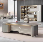 86IN Executive Office Desk - Large Office Desk L Shaped Computer Desk with 2 Drawers & Grille Design | Thickened Countertop & Large Capacity Side Cabinet Storage & Metal Cabinet Handle