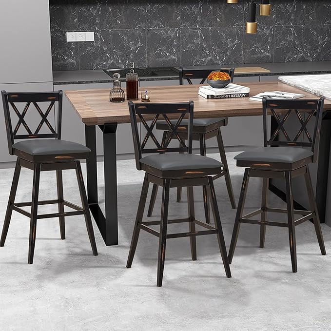 COSTWAY Bar Stool Set of 2, 360 ° Swivel Bar Height 29.5 inch Bar Stool with Foot Rest Upholstered Cushion & Ergonomic Backrest, Sturdy Frame, for Pub, Restaurant, Home (2, Black + Grey)