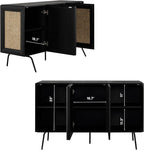 NTC MOSSIC Modern Sideboard with 3 Doors, Natural Rattan Storage Cabinet, Buffet with Metal Legs, Boho Accent Cabinet for Living Room, and Entryway, Effortless Assembly - Burnt Black