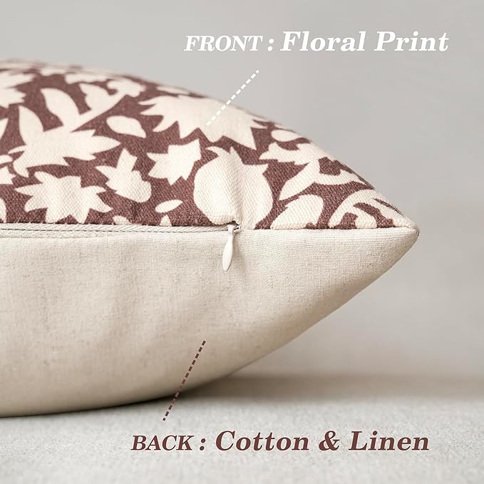 Foindtower Set of 2 Decorative Neutral Floral Throw Pillow Covers Accent Farmhouse Cushion Covers Boho Vintage Pillowcase for Couch Sofa Bedroom Living Room Home Decor,20×20 Inch,Wine Red