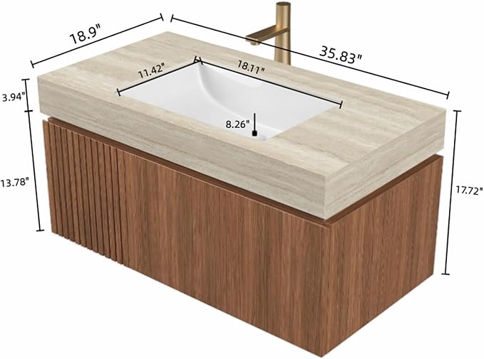 Bathroom Vanity with Sink 36 Inch, Floating Bathroom Vanity Sink Cabinet with Drawer and Door, Undermount Sink & Travertine-Pattern Sintered Stone Top, Pre-Assembled, Espresso