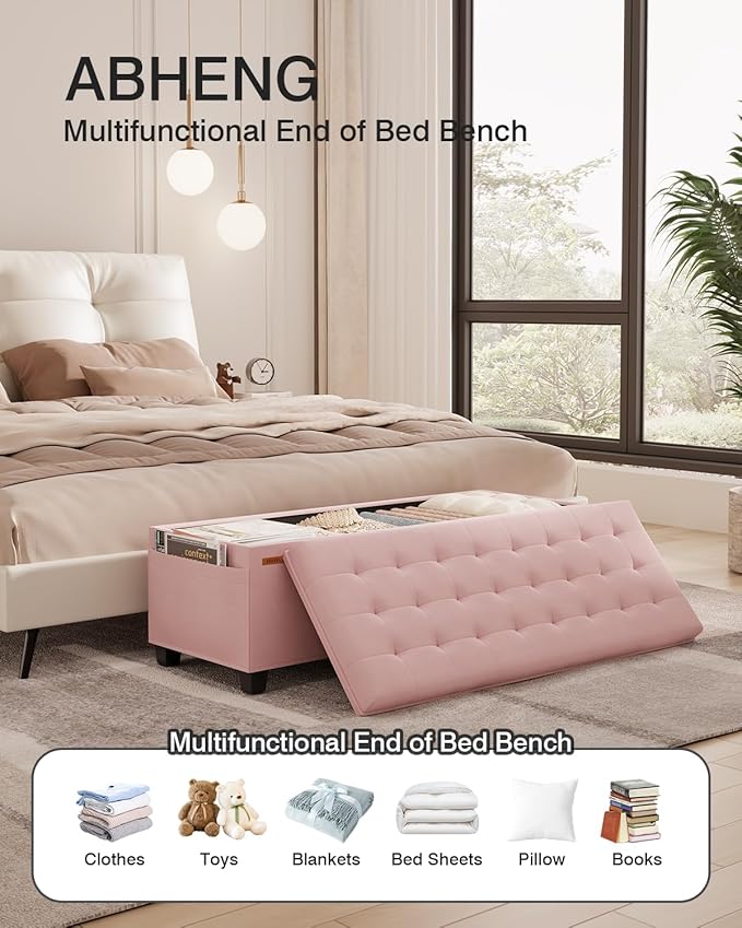 Velvet Storage Ottoman Bench, End of Bed Bench with Legs, Large Entryway Bench, Foot Rest Stool, Tea Table for Bedroom, Living Room, Loads 770 lb, 15.7"L x 43"W x 15.7"H, Jelly Pink, UASND62P