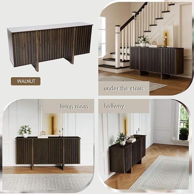 Sideboard Buffet Cabinet with Storage, Walnut Freestanding Floor Cabinet 64” Farmhouse Sideboard Wooden Large Storage Cabinet Media Console Table Credenza for Living Room Dining Room Hallway, Single