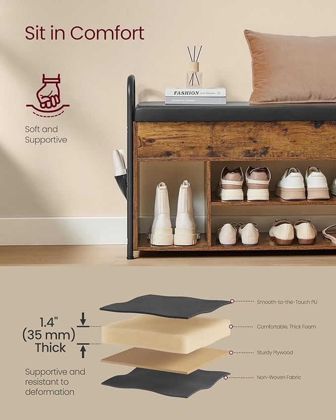 VASAGLE Shoe Bench, Shoe Rack, Entryway Furniture, Inner Storage Under The Lid, PU Pockets, Convenient Handles, for Entryway, Living Room, Bedroom, Rustic Brown and Ink Black ULSB052K01