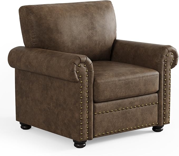ONBRILL Nailhead Trim Accent Chair, Faux Leather Club Chair for Living Room, Comfy Armchair with Springs Cushions & Solid Wood Legs, Traditional Rolled Arms Single Sofa for Bedroom, Apartment, Brown