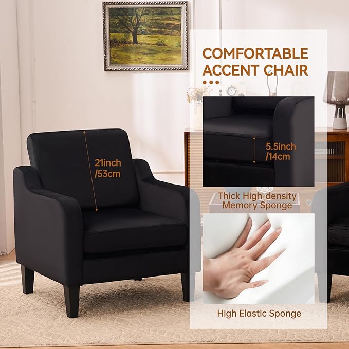 Accent Chairs Set of 2 with Soft Armrest, Modern Living Room Chairs, Upholstered Comfy Chair with Cushion, Boucle Pottery Barn Accent Chair, Single Armchair, Black