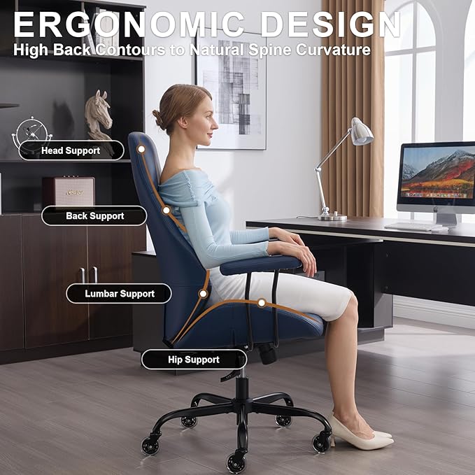 Home Office Desk Chair, Ergonomic High Back Leather Computer Chair with Lumbar Support, Adjustable Height & Recline, Swivel Executive Office Chair with Armrests and Rubber Casters, Blue