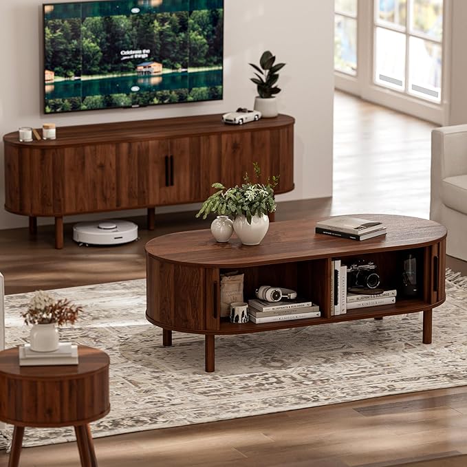 Coffee Table for Living Room, Modern Oval Coffee Table with Cabinets & Sliding Doors, Home Small Space, 47.2" Fluted Center Table, Walnut