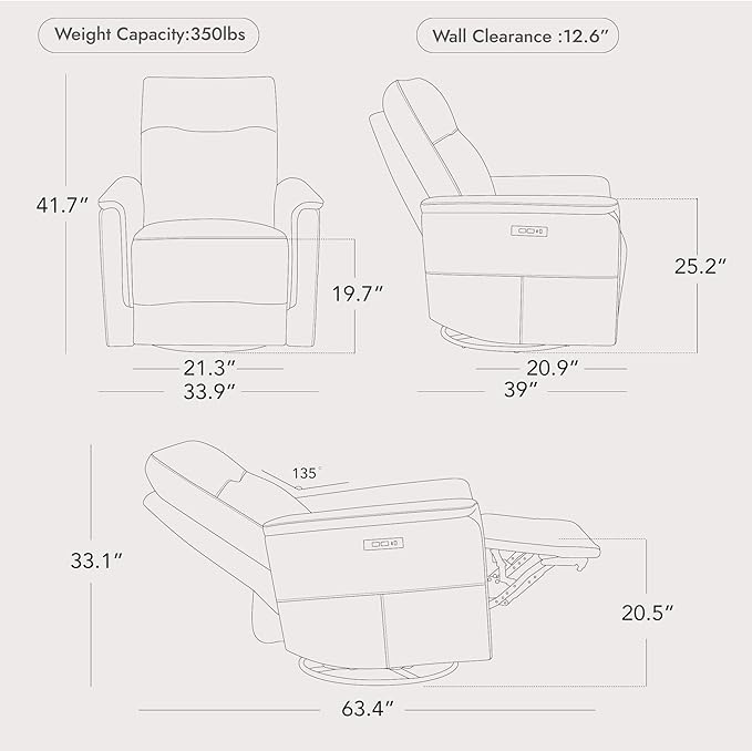 Watson & Whitely Genuine Leather Power Recliner Chairs W Power Headrest for Adults, Swivel Glider Recliner Chair W Charging Ports for Living Room, Light Grey