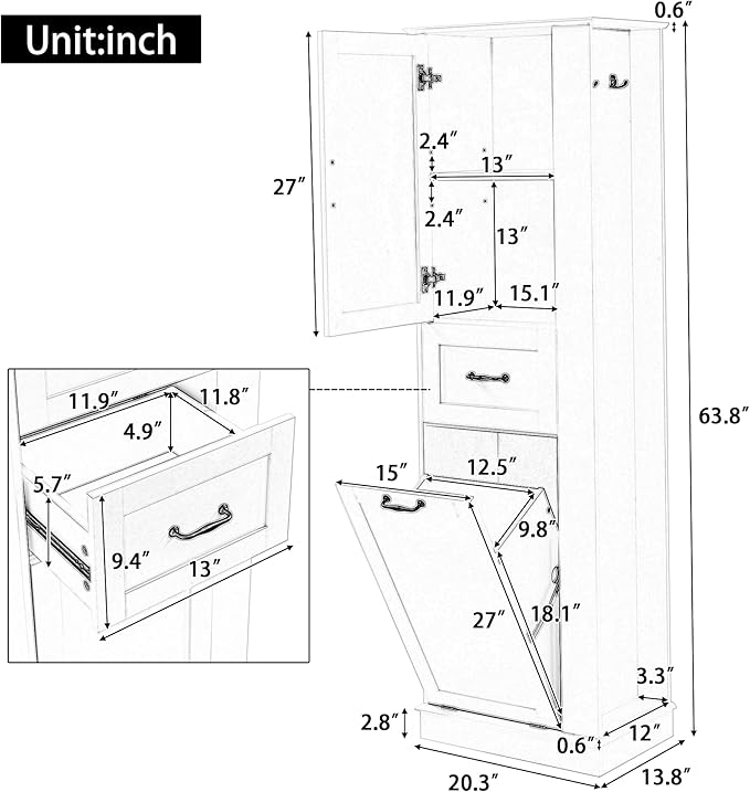 Tall Storage Cabinet, Multi-Use Bathroom Floor Freestanding Storage Cabinet with One Drawer, Adjustable Shelf, and One Tilt-Out Compartment for Bathroom, Office, Living Room, White
