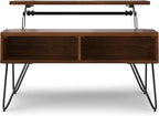 SIMPLIHOME Hunter Small Lift Top Coffee Table - 36 inch Wide Solid Walnut Veneer and Metal Industrial Cocktail Table, Living Room Table with Hidden Storage, 2 Cubbies, and Hairpin Legs