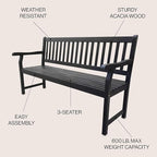 JONATHAN Y BNH101C Laurel 59.1" 3-Seat Slat-Back 600-Lbs Support Acacia Wood Outdoor Garden Patio Bench for Garden, Lawn, Backyard, Pool, Deck, Beach, Firepit, Black